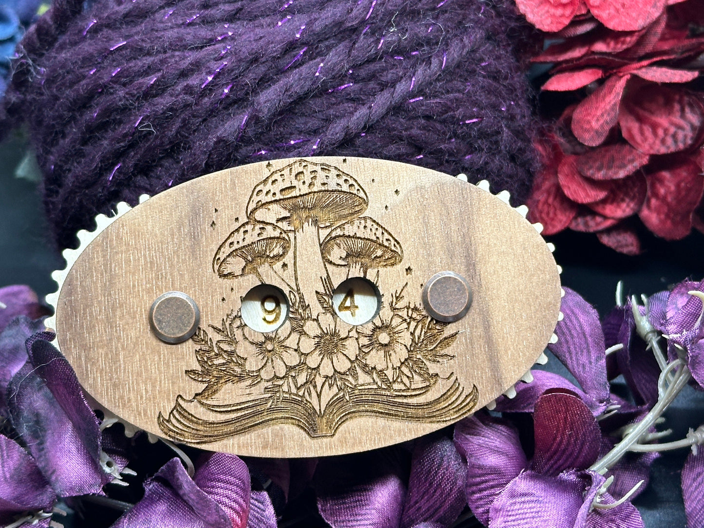 Mushrooms and books - handcrafted wooden row counter for knitting and crochet