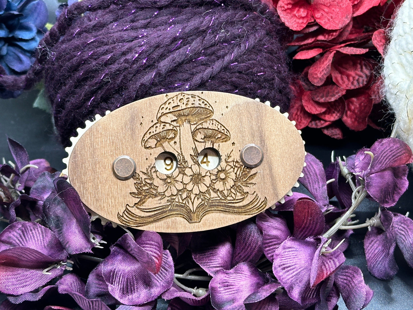 Mushrooms and books - handcrafted wooden row counter for knitting and crochet