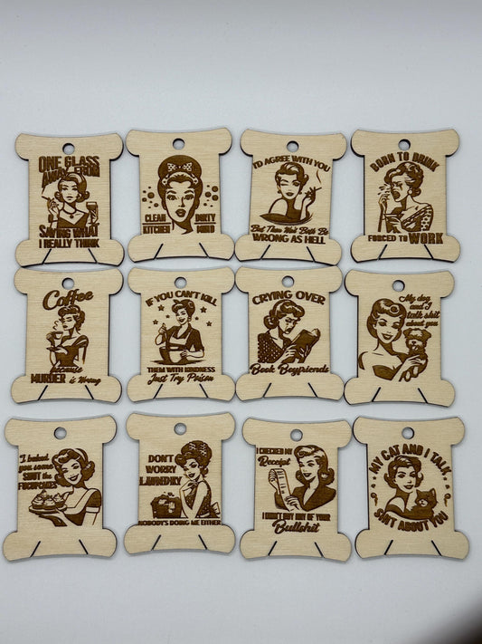 Wooden Bobbins - Pinup Retro Women with Sarcastic Quotes Floss Organizer - Embroidery, Cross Stitch, Needlepoint - Sewing Storage Obscurious Creations