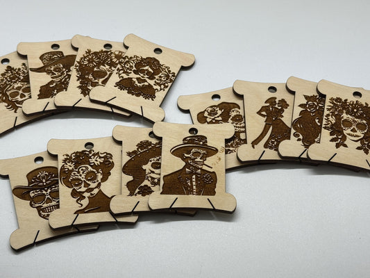 Sugar Skulls -Wooden Bobbins, Floss Organizer - Embroidery, Cross Stitch, Needlepoint - Sewing Storage