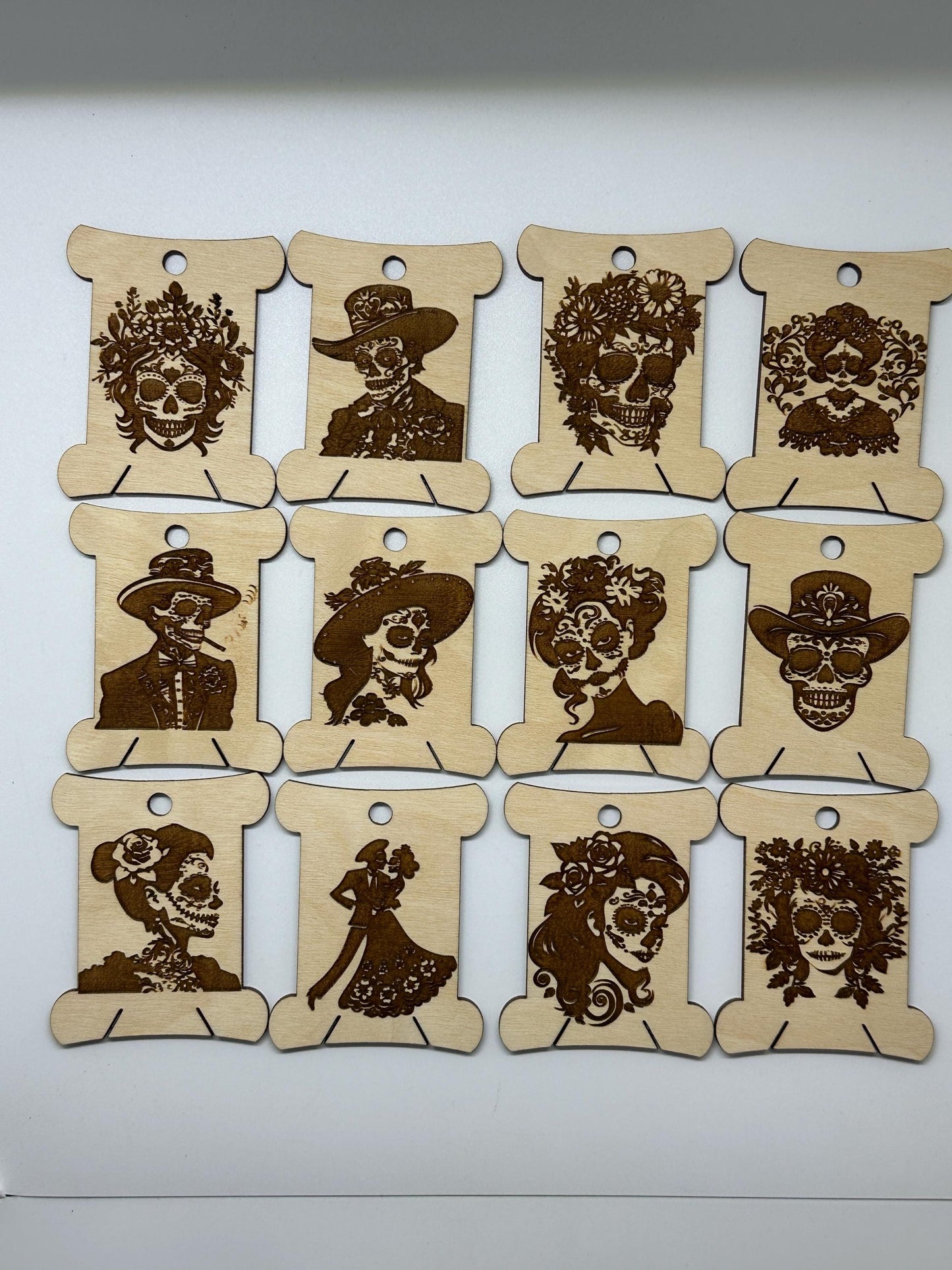 Sugar Skulls -Wooden Bobbins, Floss Organizer - Embroidery, Cross Stitch, Needlepoint - Sewing Storage
