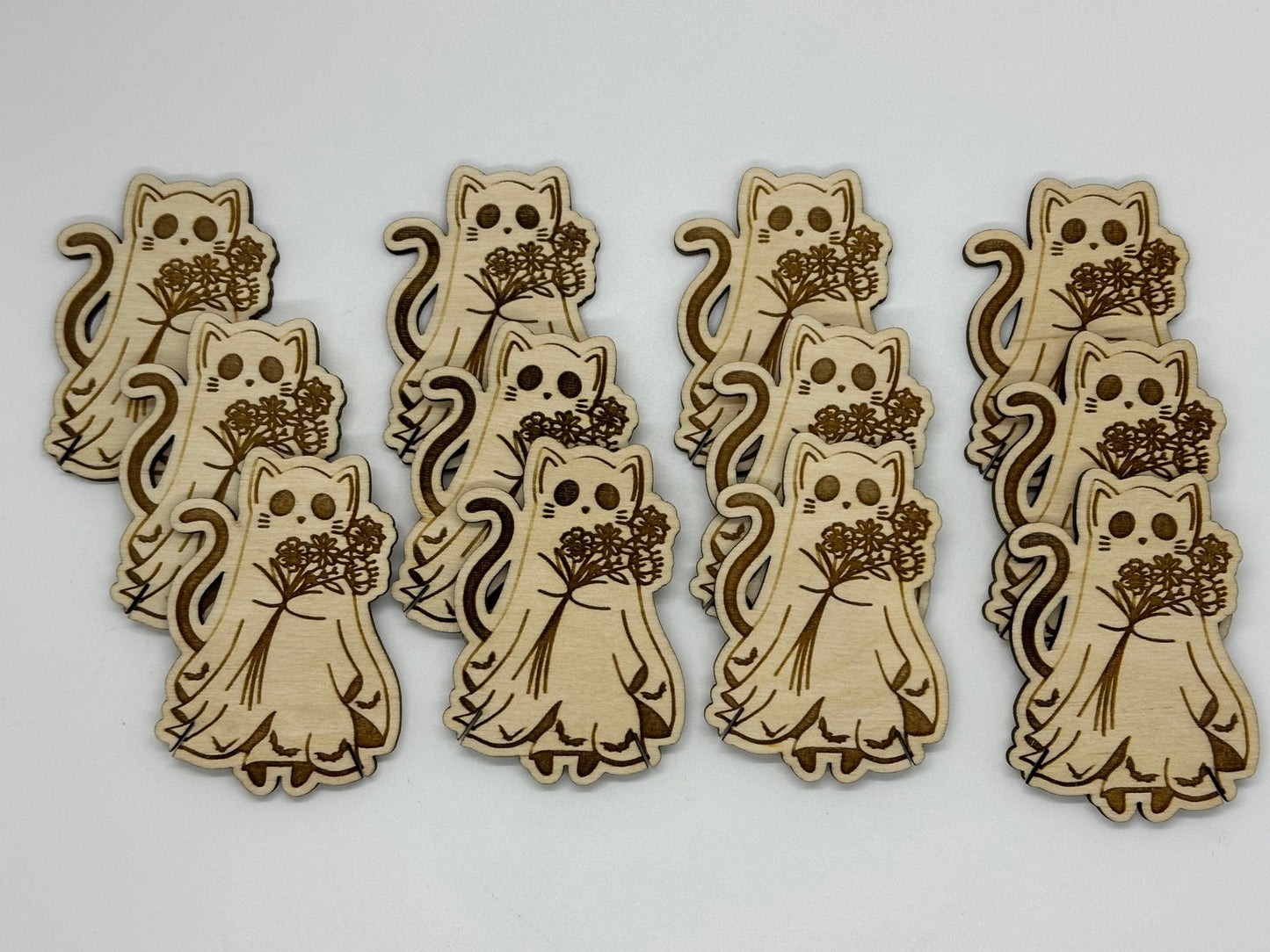 Wooden Ghost Cat with Flowers Floss Bobbin - Thread Organizer - Embroidery | Cross Stitch | Needlepoint | Crewel - Obscurious Creations
