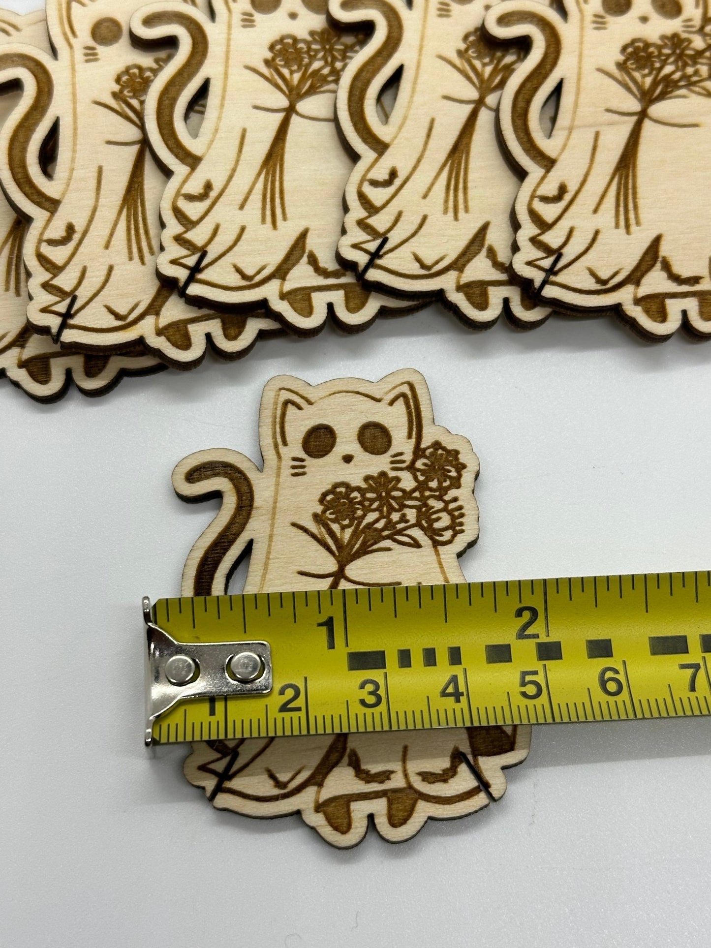 Wooden Ghost Cat with Flowers Floss Bobbin - Thread Organizer - Embroidery | Cross Stitch | Needlepoint | Crewel - Obscurious Creations