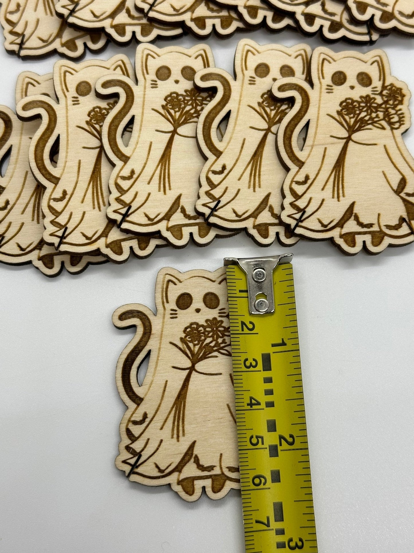 Wooden Ghost Cat with Flowers Floss Bobbin - Thread Organizer - Embroidery | Cross Stitch | Needlepoint | Crewel - Obscurious Creations