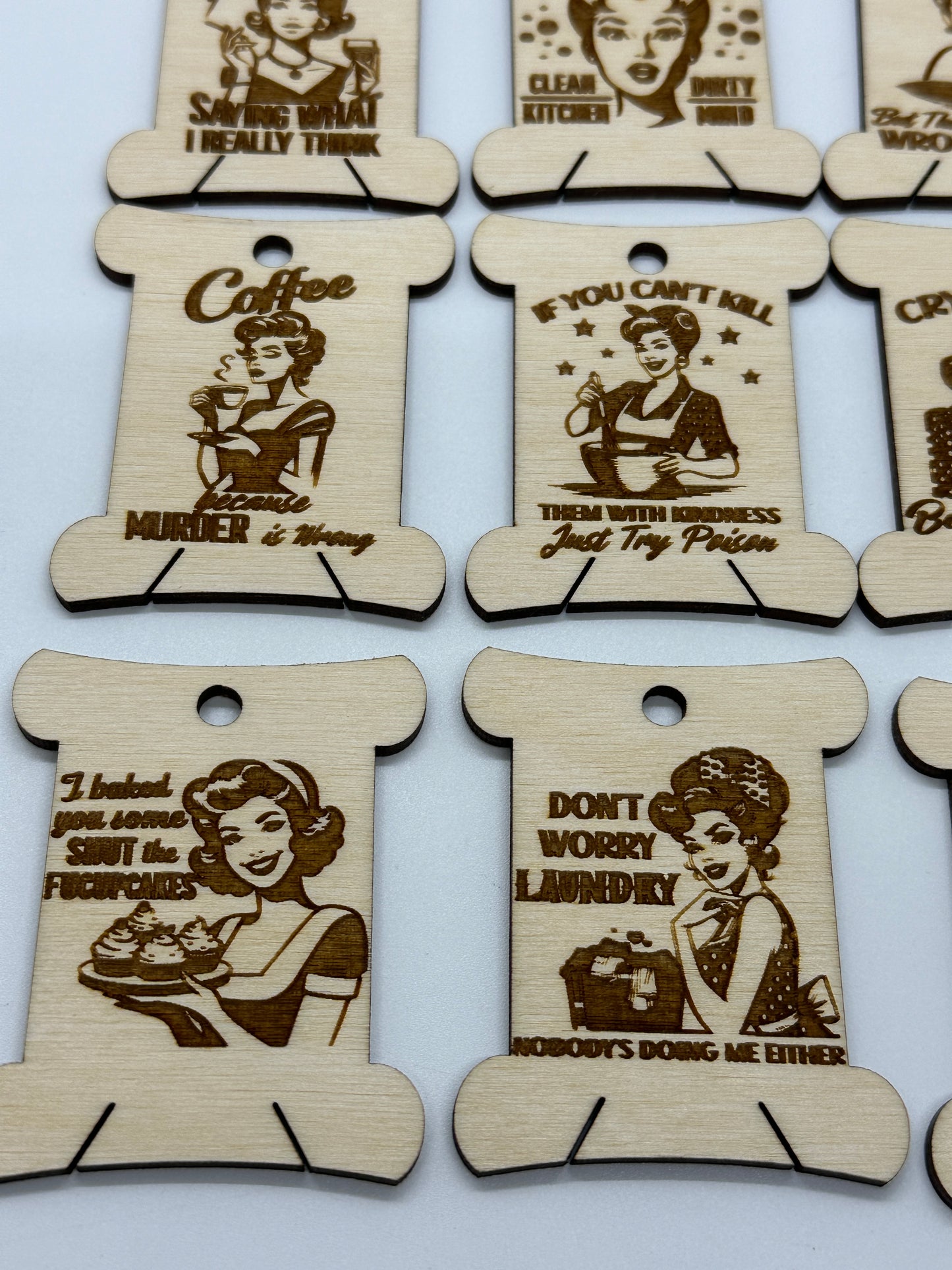 Wooden Bobbins - Pinup Retro Women with Sarcastic Quotes Floss Organizer - Embroidery, Cross Stitch, Needlepoint - Sewing Storage