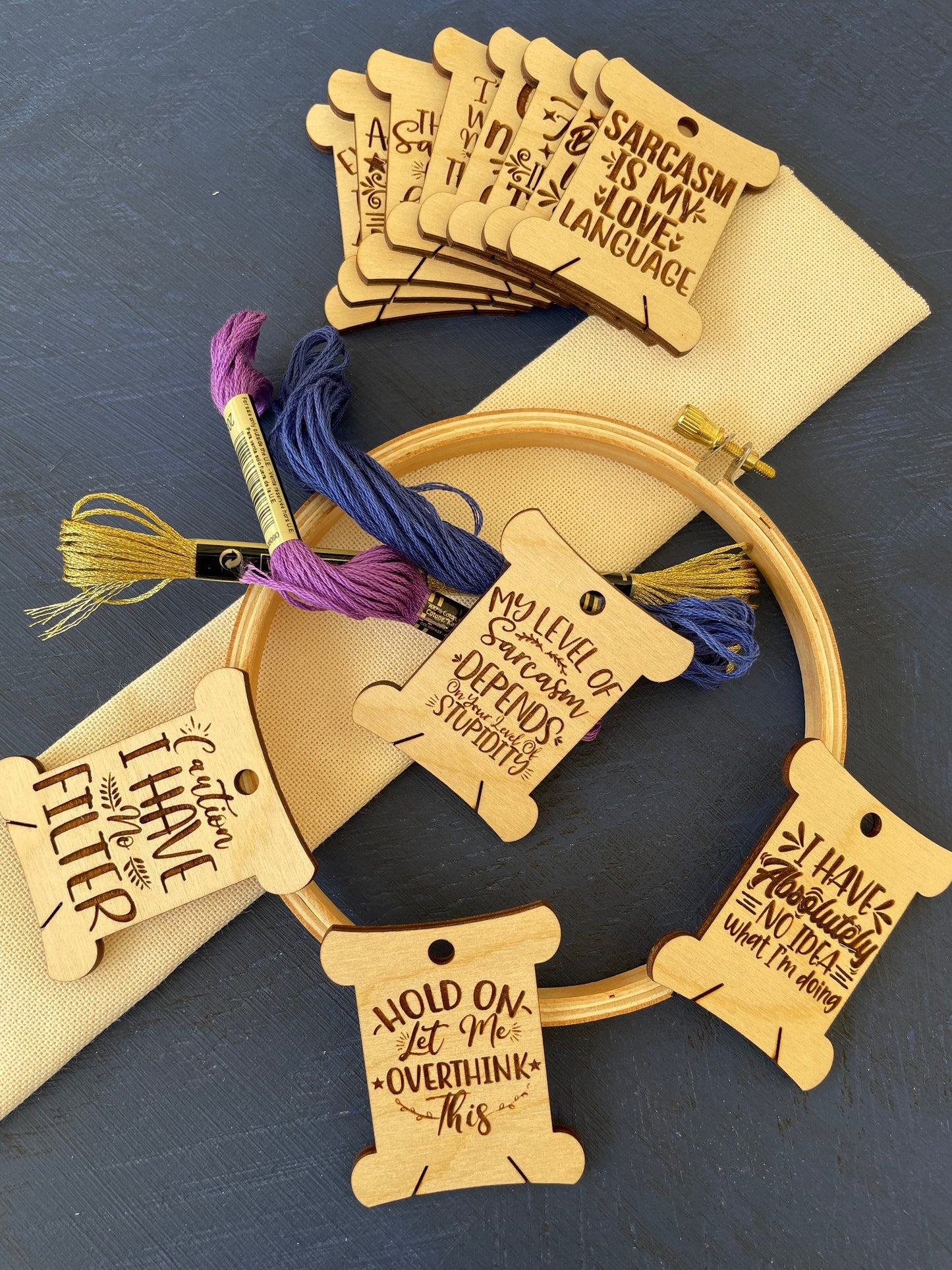 Sarcastic Sayings Wooden Bobbins Set of 12 Embroidery Floss Organizer Funny Cross Stitch Gift