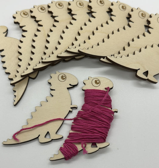Dinosaur Wooden Bobbins Set of 12 Embroidery Floss Organizer Cross Stitch Fun Crafting Gift