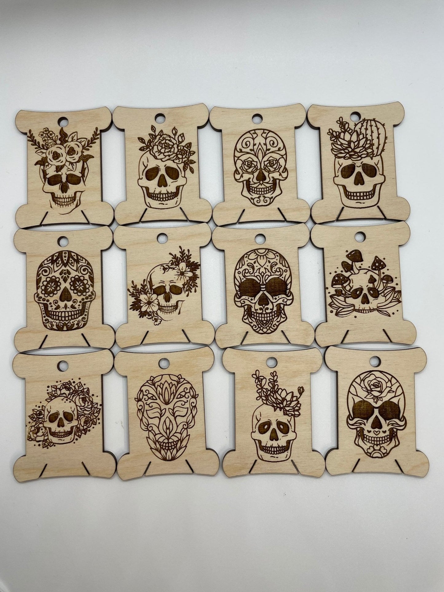 Wooden Floral Skull Floss Bobbin - Thread Organizer - Embroidery | Cross Stitch | Needlepoint | Crewel - Obscurious Creations