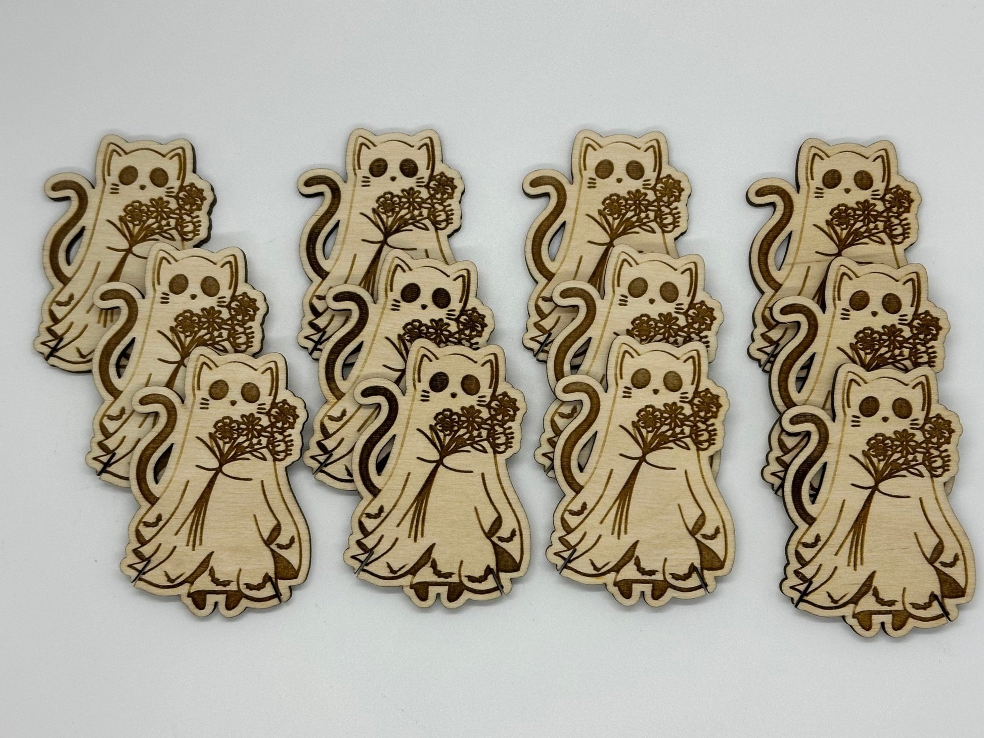 Wooden Ghost Cat with Flowers Floss Bobbin - Thread Organizer - Embroidery | Cross Stitch | Needlepoint | Crewel - Obscurious Creations